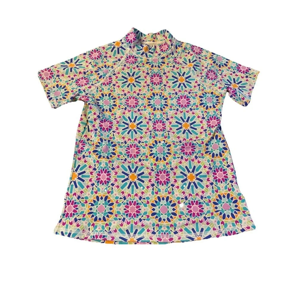 Lands End Girls Rashguard Top Size 10 Floral Multicolor Short Sleeve